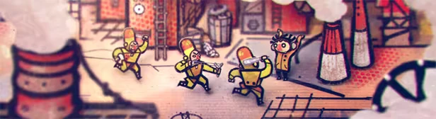 Guard Chase Scene – Phonopolis Phonopolis: Three yellow-suited guards chase a wide-eyed man near red smokestacks.