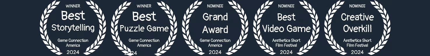 Award Laurels – Pieced Together Pieced Together: Five award badges with laurel designs, including Best Storytelling and Puzzle Game.