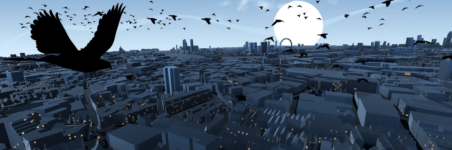 Pigeon: Flock of black birds over gray cityscape with large white sun in sky.