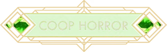 Pilgrim of Darkness: Green banner with white text “COOP HORROR” and gem icons.