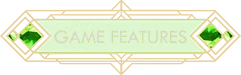 Pilgrim of Darkness: Green banner with white text “GAME FEATURES” and gem icons.
