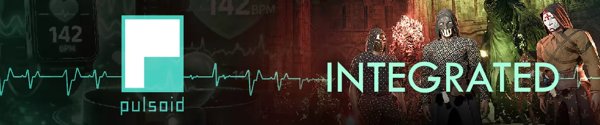 Pilgrim of Darkness: PulsOid logo and ECG line beside four masked figures, INTEGRATED text.