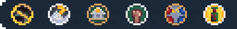 Pin-Finite: Row of six pixel-art circular icons on dark blue background.