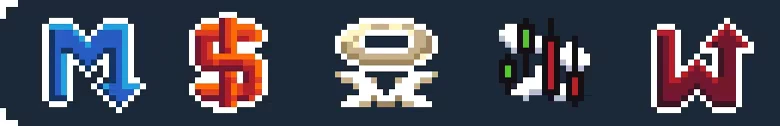 Pin-Finite: Pixel icons on dark bar: blue M, orange S, beige robot, ship, red W arrow.