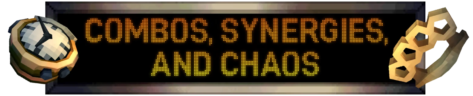 Combos Synergies Banner – PINBOMB PINBOMB: Banner with yellow dot-matrix text “COMBOS, SYNERGIES, AND CHAOS”.