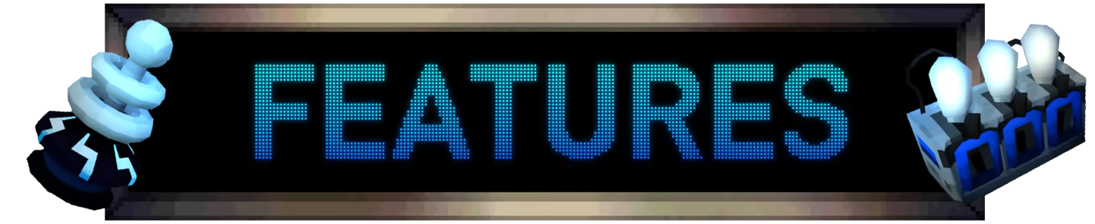 Features Banner – PINBOMB PINBOMB: Blue dot-matrix “FEATURES” banner with lightning icon and 0000 display.
