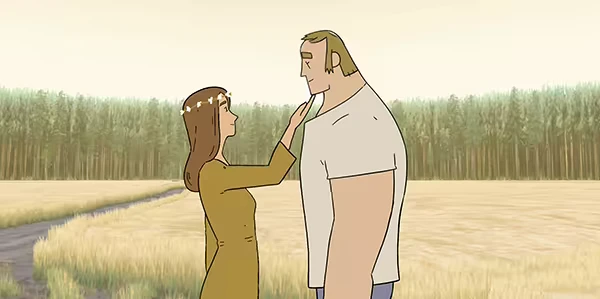 Pine: A woman in a yellow dress touches a man's face in a field with a forest in the background.