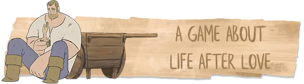 Pine: A seated man holds a wooden carving beside a cart; text reads "A Game About Life After Love."