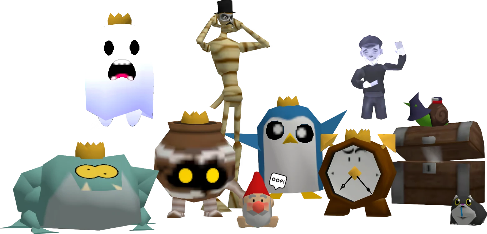 Pitfalls 64: Group of crowned creatures, gnome, clock, and treasure chest on black.