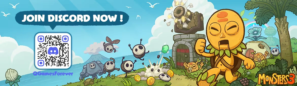 PixelJunk Monsters 3: “JOIN DISCORD NOW!” QR code, tiki hero, tower, monsters, logo.