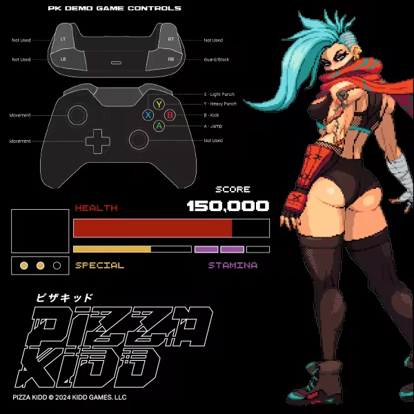 Game Controls Screen – Pizza Kidd Pizza Kidd: PK demo game controls screen with controller diagram, HUD bars, pixel fighter.