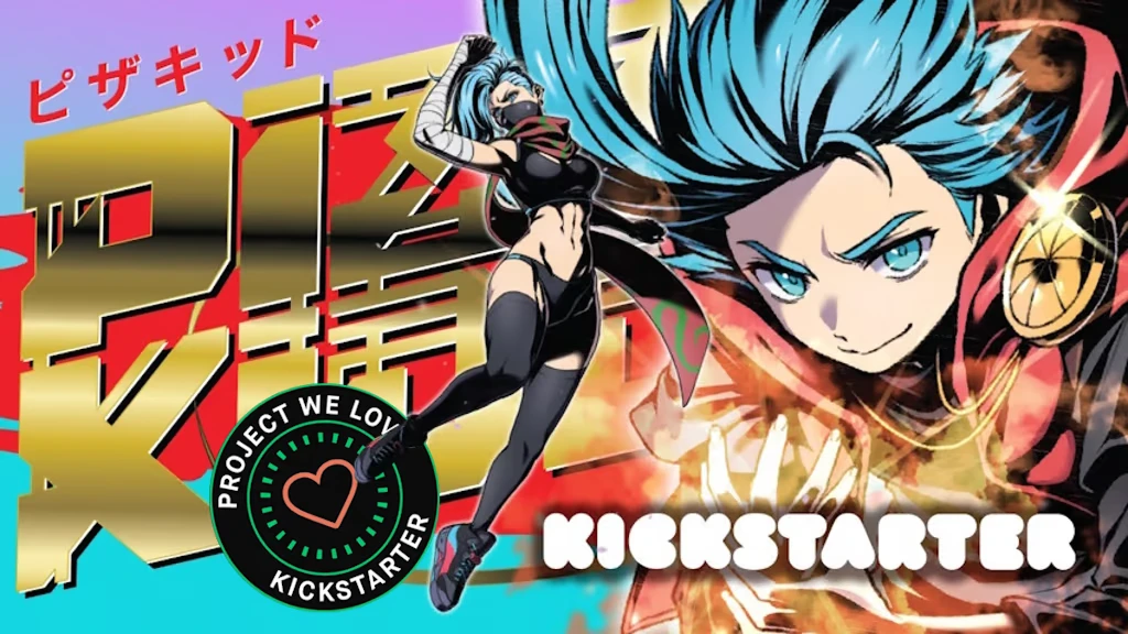Pizza Kidd: Blue-haired character in action pose, bold Japanese text, Kickstarter logo.