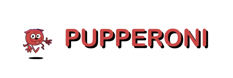 Pupperoni Logo – PizzaBoy PizzaBoy: Red cartoon dog icon beside large red text “PUPPERONI” on black background.