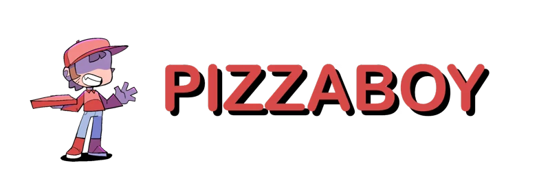 Title Logo Character – PizzaBoy PizzaBoy: Cartoon delivery boy holding pizza box beside large red PIZZABOY text.