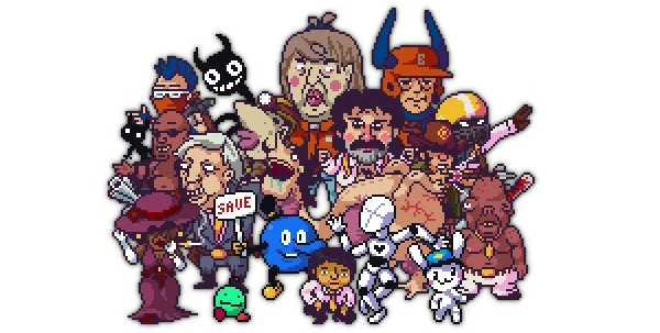 Play Rough: A diverse group of pixelated characters, including a blue creature and a "SAVE" sign.