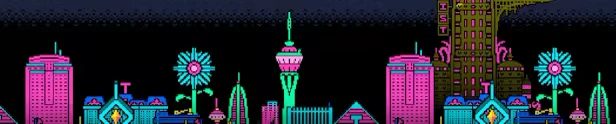 Play Rough: Neon cityscape with pink and teal buildings, towers, and abstract structures.