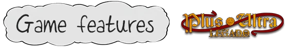 Plus Ultra: "Game features" in playful font on cloud shape; logo with ornate text and red ribbon.