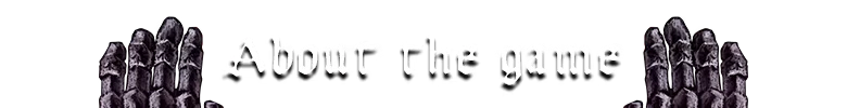 Pluto: Gothic text "About the game" with dark, ornate stone-like columns on each side.