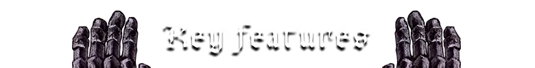 Pluto: Gothic text "Key features" with skeletal hands on either side.