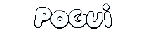 Pogui Logo – Pogui Pogui: White, bold, pixelated text on a black background spelling "POGUI".