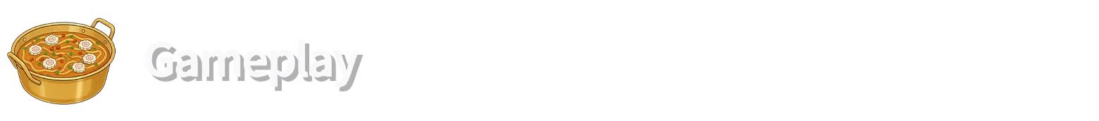 POJANGMACHA: Illustration of a pot with noodles and fish cakes next to the word "Gameplay."