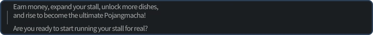 POJANGMACHA: Text reads, "Earn money, expand your stall, unlock more dishes," in white on dark background.