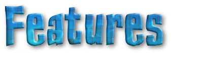 Poolscape: The word "Features" in bold, blue, 3D text with a tiled pattern.