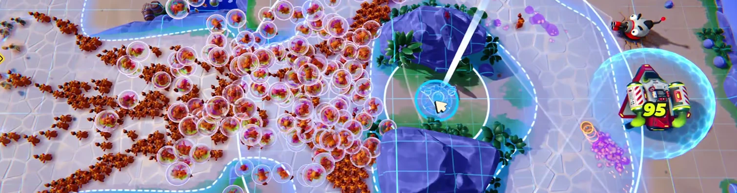 Population Control: Swarm of orange creatures in bubbles, targeting a rocket with "95" in bold.