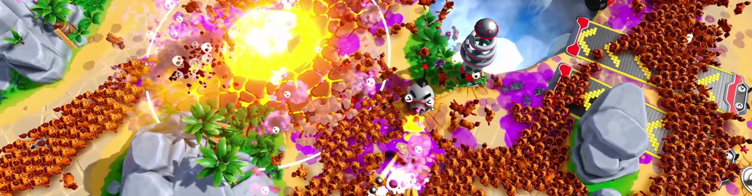 Population Control: Swarming orange creatures, explosion, skull icons, and a futuristic tower.