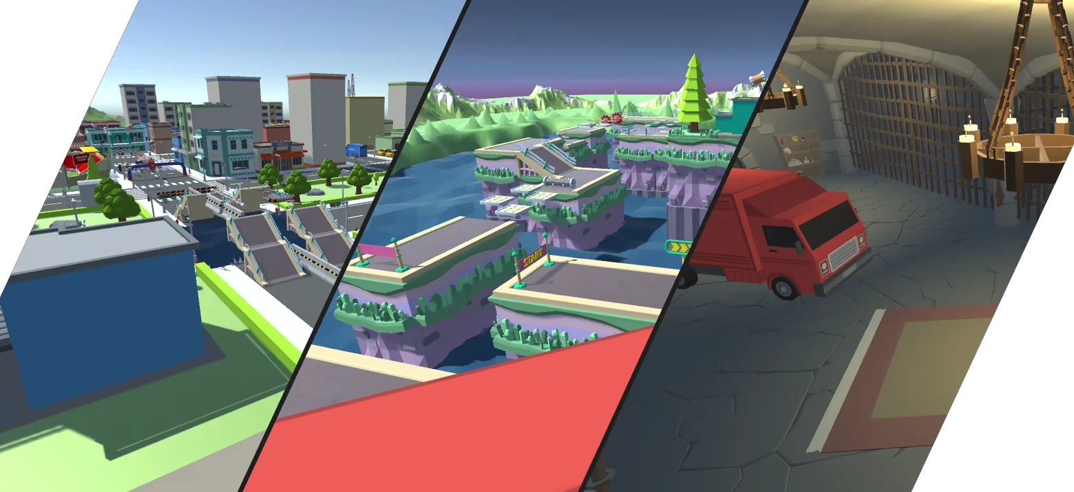 PORTERS: Split image of cityscape, floating platforms with "START" sign, and red truck in a cave.