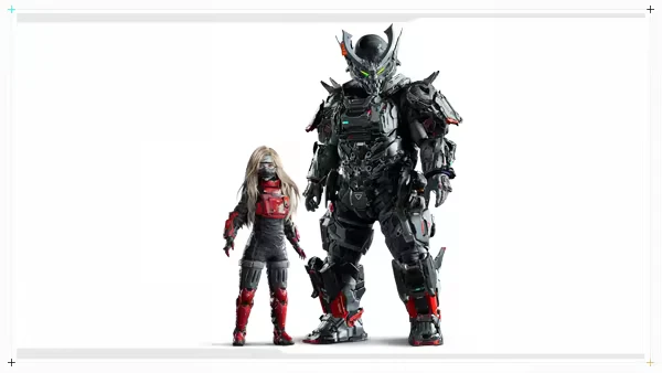 PRAGMATA: A girl in red and black armor stands beside a large armored figure with glowing eyes.