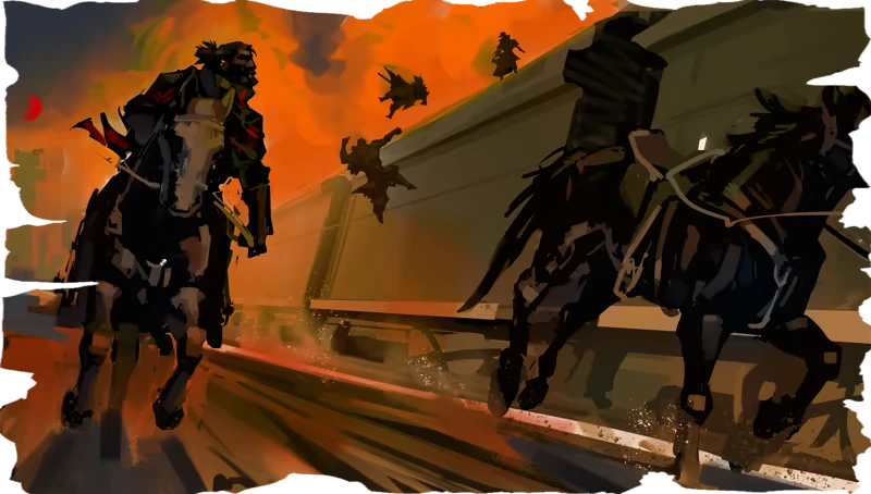 Prelude Dark Pain: Armored rider on horseback races past a wall under an orange sky.