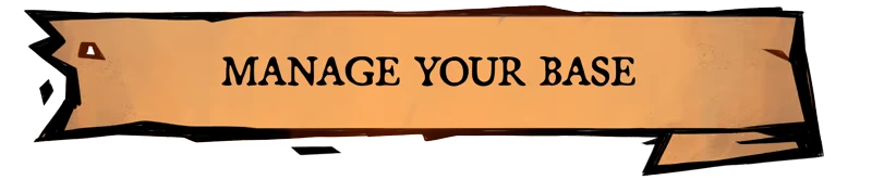 Prelude Dark Pain: Tan parchment banner with bold black text “MANAGE YOUR BASE”.