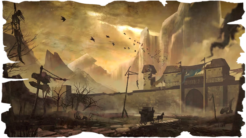 Prelude Dark Pain: Ruined fortress under yellow sky, gallows, crows, and dead trees.