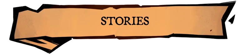 Prelude Dark Pain: Tan parchment banner with black border and bold black text “STORIES”.