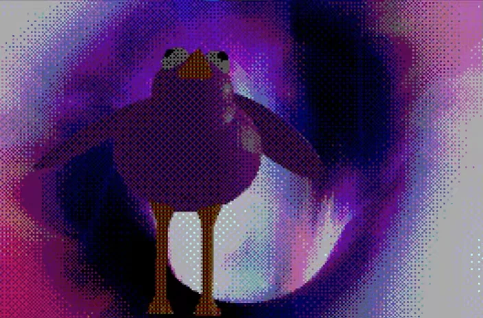 Bird Portal – Price of Flight Price of Flight: Pixelated purple bird with wide eyes in a swirling purple and blue vortex.