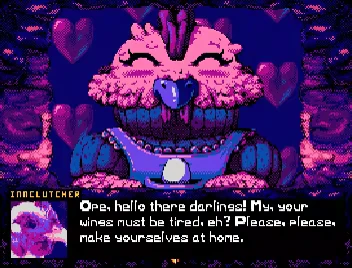 Innkeeper Greeting – Price of Flight Price of Flight: Pink bird character with closed eyes, text box reads "Ope, hello there darlings!"