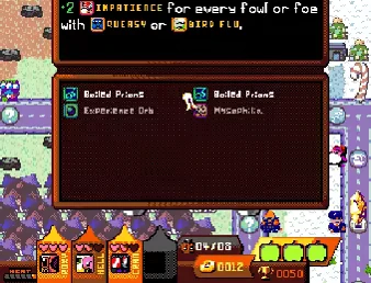 Inventory Screen – Price of Flight Price of Flight: Menu with "Impatience" text, items like "Boiled Prions," and snowy street scene.