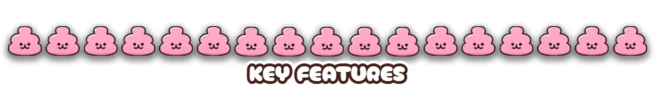 Key Features – PRITTO PRISONER PRITTO PRISONER: Pink smiling poop icons border the text "KEY FEATURES" in bold, playful font.