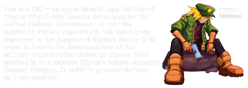 Project: Text describes SID's mission; character with yellow hair, green jacket, holding a gun.