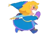 Projéct Timi: A character in a blue robe and hat runs energetically, with a joyful expression.