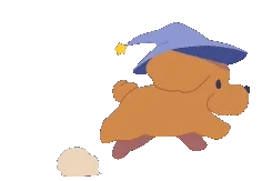Projéct Timi: A cute brown dog wearing a blue wizard hat runs, leaving a dust cloud behind.