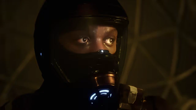 Project Vesperi: Person in a dark helmet with illuminated breathing apparatus, geometric background.