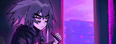 Doomer Girl Room – project; VIRAI: DOOMER’s LIFE ESCAPE project; VIRAI: A doomer girl with spiky hair holds a vape pen, gazing out a neon-lit window.