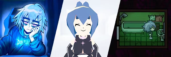 Doomer Vtuber Journey – project; VIRAI: DOOMER’s LIFE ESCAPE project; VIRAI: Three panels show a blue-haired girl, a smiling VTuber, and a pixel art bathroom scene.