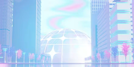 Futuristic Cityscape – project; VIRAI: DOOMER’s LIFE ESCAPE project; VIRAI: Futuristic cityscape with tall buildings, pink trees, and a glowing dome.