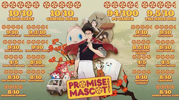 Promise Mascot Agency: Character with broom, mascots, cherry blossoms, and various game ratings.