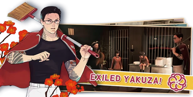 Promise Mascot Agency: Tattooed man with broom, red cape, and "EXILED YAKUZA!" text on banner.