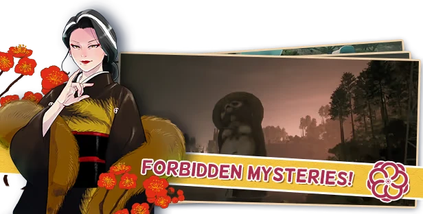 Promise Mascot Agency: Woman in kimono with fox fur, red flowers, "FORBIDDEN MYSTERIES!" text.