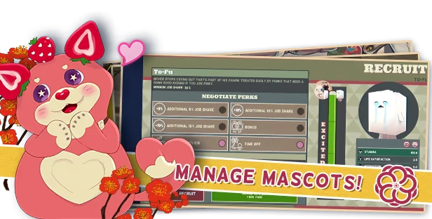 Promise Mascot Agency: Pink bear with heart, recruit screen for To-Fu, "Manage Mascots!" banner.